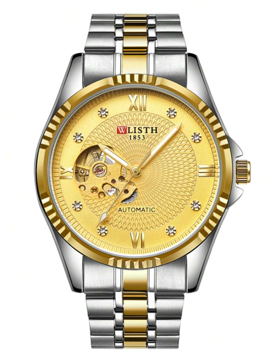 1入組自動機械手錶男士配件經典金色顏色不銹鋼帶防水發光發亮帶禮品包裝盒原始手錶