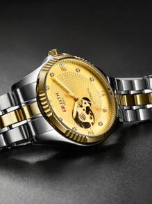 1入組自動機械手錶男士配件經典金色顏色不銹鋼帶防水發光發亮帶禮品包裝盒原始手錶