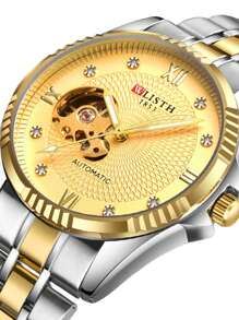 1入組自動機械手錶男士配件經典金色顏色不銹鋼帶防水發光發亮帶禮品包裝盒原始手錶