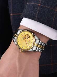 1入組自動機械手錶男士配件經典金色顏色不銹鋼帶防水發光發亮帶禮品包裝盒原始手錶