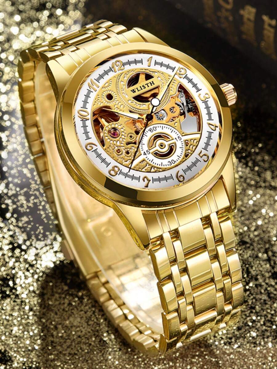 1入組自動機械手錶男士時尚配件經典金色顏色不銹鋼錶帶防水發光發亮帶禮品包裝盒休閒手錶