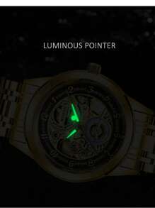 1入組自動機械手錶男士時尚配件經典金色顏色不銹鋼錶帶防水發光發亮帶禮品包裝盒休閒手錶