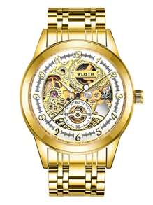 1入組自動機械手錶男士時尚配件經典金色顏色不銹鋼錶帶防水發光發亮帶禮品包裝盒休閒手錶