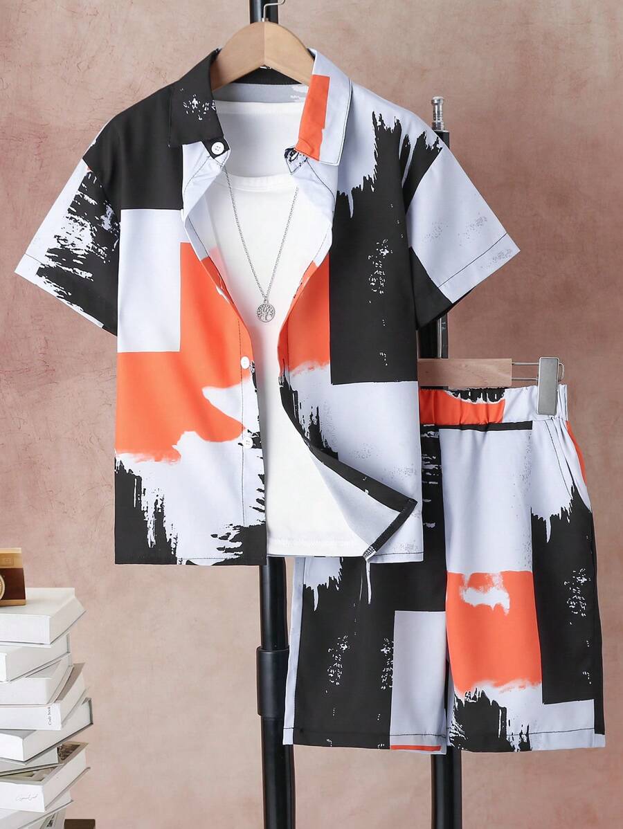 SHEIN Bộ hai mảnh Trai Túi Nút phía trước Khối Màu Giải trí - Nhiều màu - Xem 1