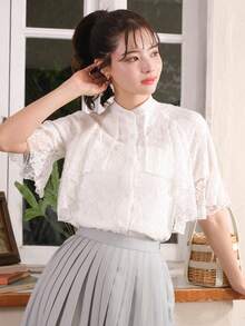 DAZY Áo sơ mi nữ Tương phản ren Xù Nút phía trước Hoa Thanh lịch - trắng - Xem 7