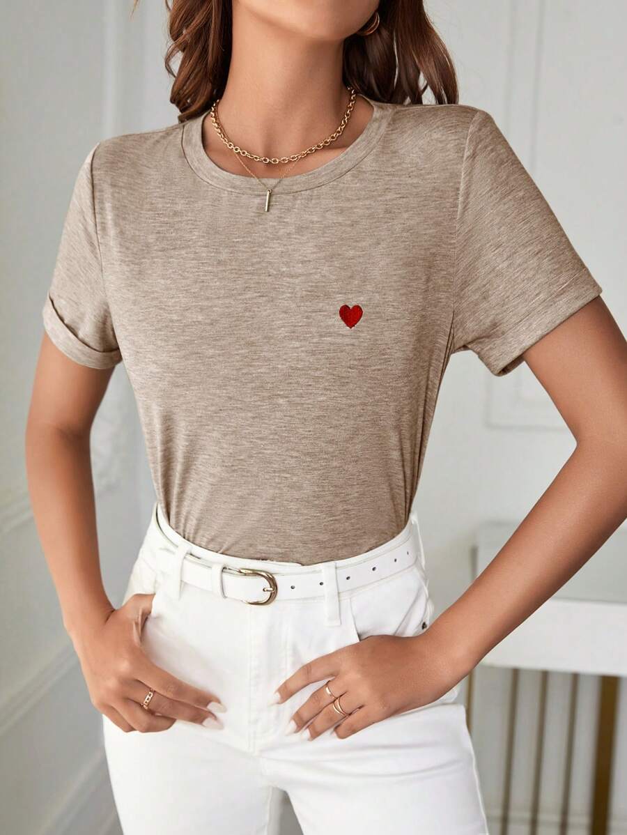 SHEIN Frenchy Heart Embroidery Round Neck Tee - Khaki - View 1