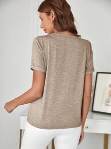 SHEIN Frenchy Heart Embroidery Round Neck Tee - Khaki - View 2