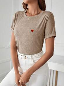 SHEIN Frenchy Heart Embroidery Round Neck Tee - Khaki - View 3