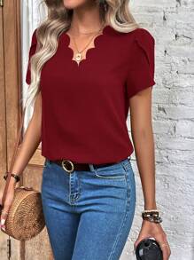 SHEIN Clasi Scallop Trim Petal Sleeve Blouse - Burgundy - View 1