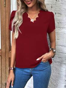 SHEIN Clasi Scallop Trim Petal Sleeve Blouse - Burgundy - View 3