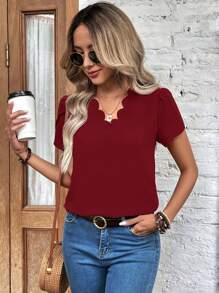SHEIN Clasi Scallop Trim Petal Sleeve Blouse - Burgundy - View 4