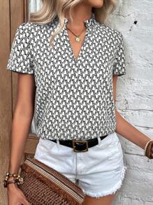 SHEIN Clasi 滿版印花缺口領泡泡袖襯衫 - 白色 - 查看 1