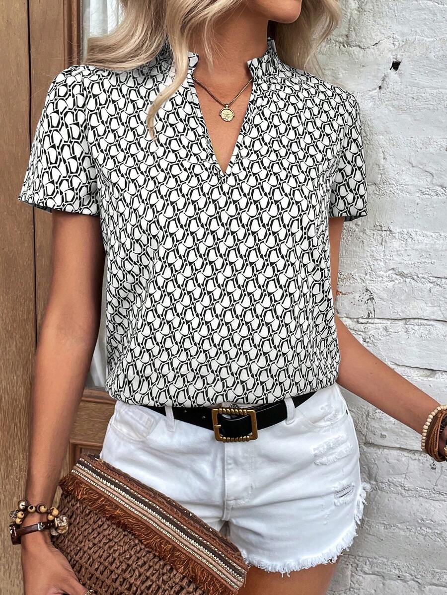 SHEIN Clasi 滿版印花缺口領泡泡袖襯衫 - 白色 - 查看 1