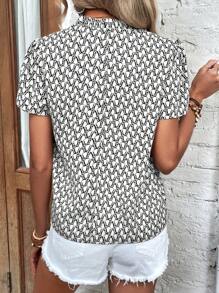 SHEIN Clasi 滿版印花缺口領泡泡袖襯衫 - 白色 - 查看 2