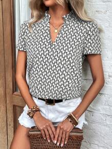 SHEIN Clasi 滿版印花缺口領泡泡袖襯衫 - 白色 - 查看 3