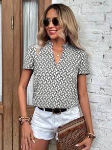 SHEIN Clasi 滿版印花缺口領泡泡袖襯衫 - 白色 - 查看 4