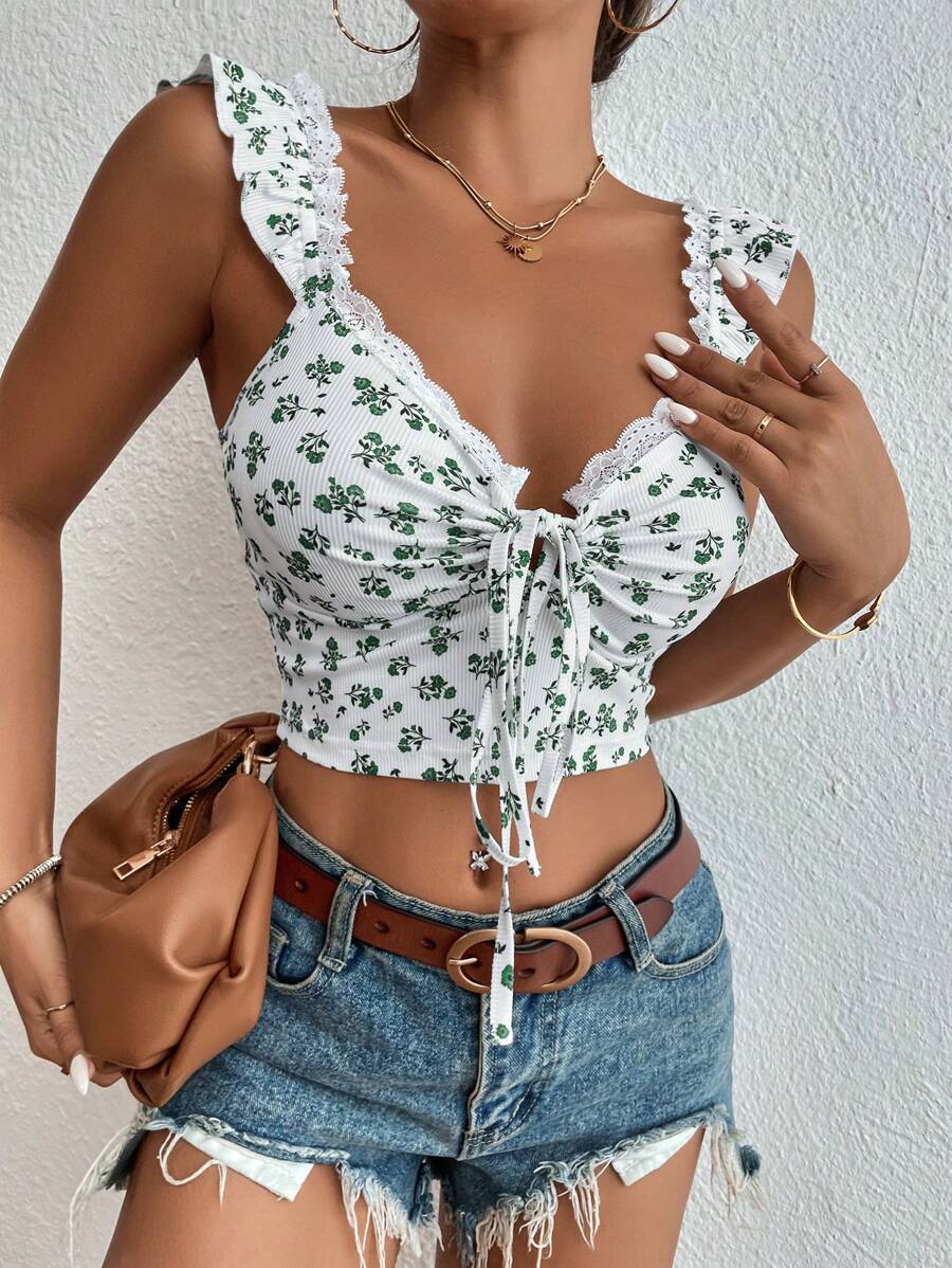 SHEIN Frenchy Áo nữ Lộ Lưng Tương phản ren Thắt nút Xù Gân đan Họa tiết hoa Boho - màu xanh lá - Xem 1