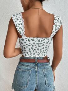 SHEIN Frenchy Áo nữ Lộ Lưng Tương phản ren Thắt nút Xù Gân đan Họa tiết hoa Boho - màu xanh lá - Xem 2