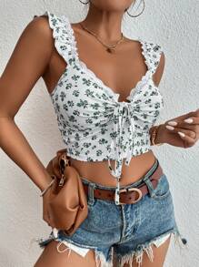 SHEIN Frenchy Áo nữ Lộ Lưng Tương phản ren Thắt nút Xù Gân đan Họa tiết hoa Boho - màu xanh lá - Xem 5