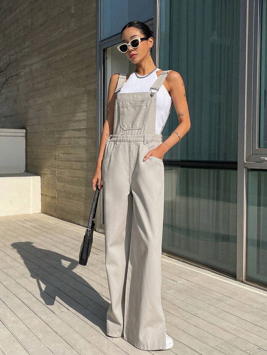 DAZY 素色斜口袋牛仔背帶褲不附帶背心 - 淺灰色 - 查看 1