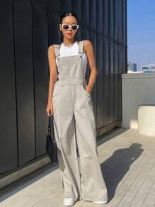 DAZY 素色斜口袋牛仔背帶褲不附帶背心 - 淺灰色 - 查看 3