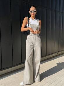 DAZY 素色斜口袋牛仔背帶褲不附帶背心 - 淺灰色 - 查看 6