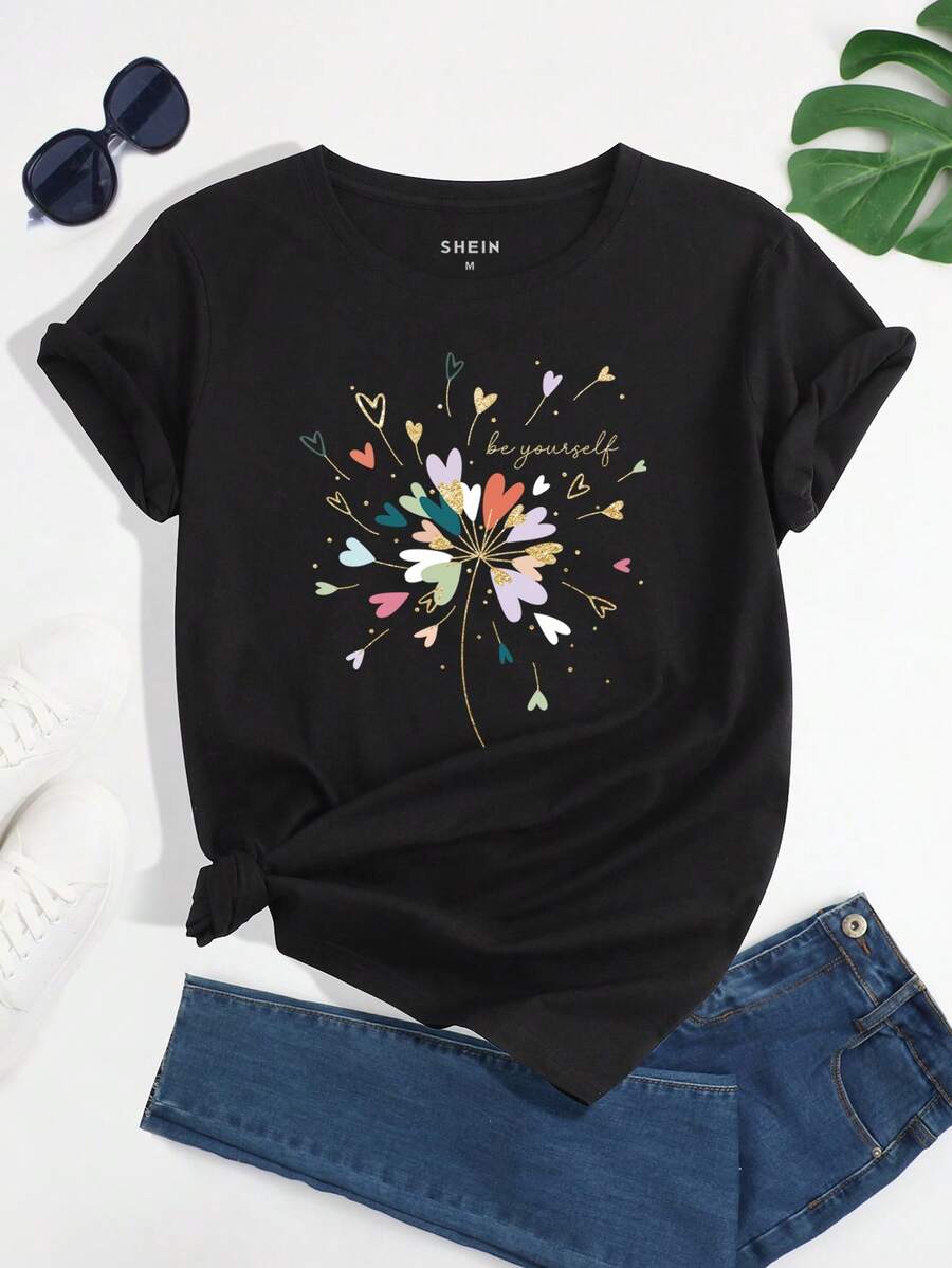 SHEIN LUNE 愛心圖案T恤 - 黑色 - 查看 1