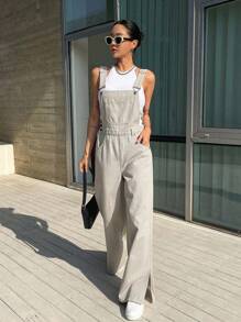 DAZY 素色斜口袋牛仔背帶褲不附帶背心 - 淺灰色 - 查看 7