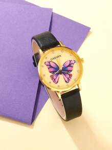 1入組蝴蝶圖案錶盤石英表和5入組首飾套裝 - 黑色 - 查看 2