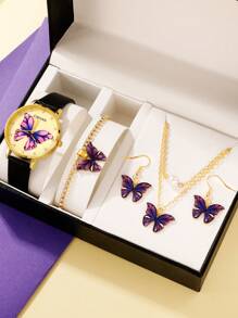 1入組蝴蝶圖案錶盤石英表和5入組首飾套裝 - 黑色 - 查看 4