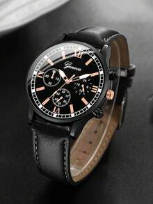 1入組黑色PU聚氨酯帶時尚圓形錶盤石英表和1入組串珠手鏈,適用於日常生活 - 黑色 - 查看 3