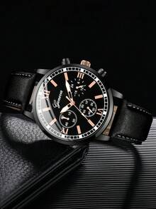 1入組黑色PU聚氨酯帶時尚圓形錶盤石英表和1入組串珠手鏈,適用於日常生活 - 黑色 - 查看 5