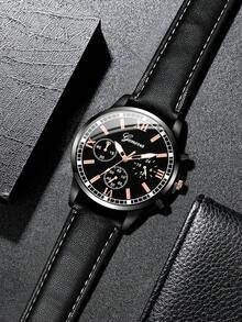 1入組黑色PU聚氨酯帶時尚圓形錶盤石英表和1入組串珠手鏈,適用於日常生活 - 黑色 - 查看 6