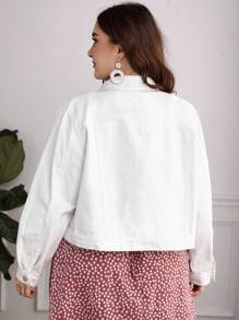 大碼翻蓋口袋牛仔夾克 - 白色 - 查看 2