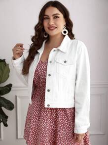 大碼翻蓋口袋牛仔夾克 - 白色 - 查看 6