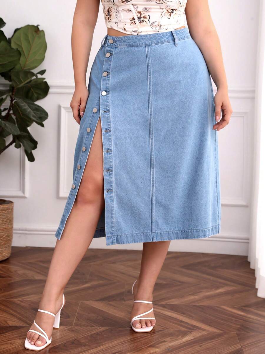 Plus Button Front Denim Skirt - Light Wash - View 1