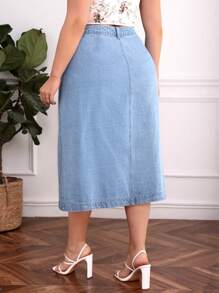Plus Button Front Denim Skirt - Light Wash - View 2