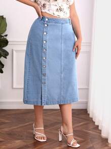 Plus Button Front Denim Skirt - Light Wash - View 6