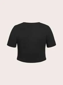 SHEIN ICON 大碼汽車和字母圖案缺口領短款T恤 - 黑色 - 查看 2