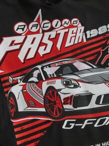 SHEIN ICON 大碼汽車和字母圖案缺口領短款T恤 - 黑色 - 查看 3