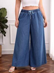 SHEIN Essnce 大碼腰部抽繩闊腿牛仔褲 - 淺色水洗藍 - 查看 1