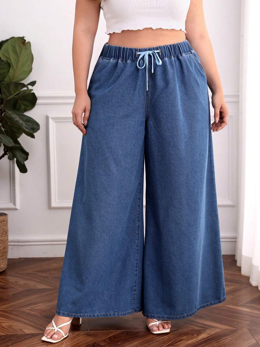 SHEIN Essnce 大碼腰部抽繩闊腿牛仔褲 - 淺色水洗藍 - 查看 1