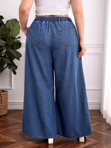 SHEIN Essnce 大碼腰部抽繩闊腿牛仔褲 - 淺色水洗藍 - 查看 2