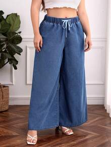 SHEIN Essnce 大碼腰部抽繩闊腿牛仔褲 - 淺色水洗藍 - 查看 3