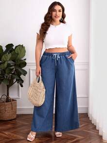 SHEIN Essnce 大碼腰部抽繩闊腿牛仔褲 - 淺色水洗藍 - 查看 4