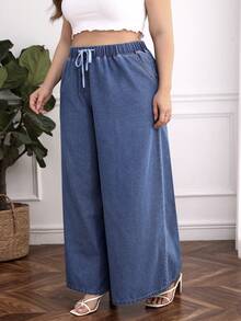 SHEIN Essnce 大碼腰部抽繩闊腿牛仔褲 - 淺色水洗藍 - 查看 5