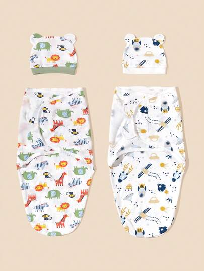 2pcs Baby Lion & Rocket Pattern Swaddling Blanket & 2pcs Ear Decor Hat Love Valentine