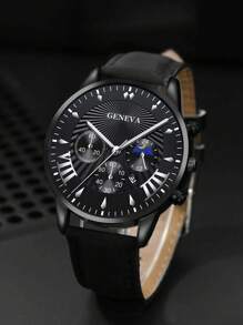 1入組男士圓形指針日期石英手錶和1入組手環 - 黑色 - 查看 2