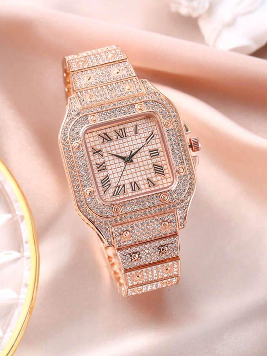 Đồng hồ thạch anh con trỏ vuông trang trí bằng đá rhinestone - Hoa hồng vàng - Xem 1