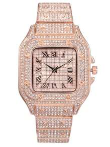 Đồng hồ thạch anh con trỏ vuông trang trí bằng đá rhinestone - Hoa hồng vàng - Xem 3